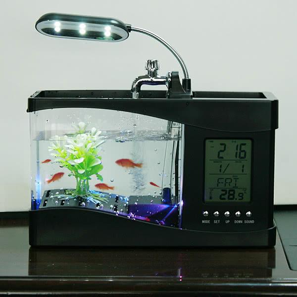 H4874 Black 1.5L Desktop Fish Tank with LED Clock Aquariums & Fish Style Aquarium Light Supplies