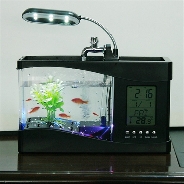 Mini USB Aquarium with LCD Display Desktop Fish Tank LED Clock Table Lamp Fish Tank Aquarium LED Clock White black