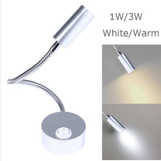 free ship Silver Flexible Hose LED Modern Wall Lamp 1W 3W Flexible Arm Light Lamp Bedside Reading Light Study Painting Wall Lighting