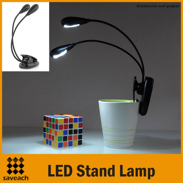 Wholesale - Black Clip on 2 Dual Arms 2 LED Flexible Reading lamp Book Light for Music Stand ebook LAPTOPS