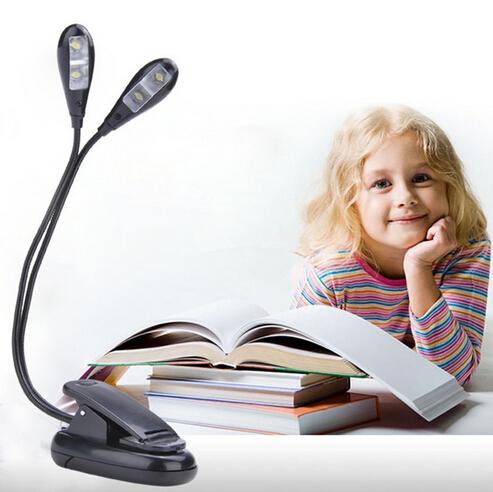 100pcs/lot Black Clip-on 2 Arms 4 LED light Flexible Book Music Stand Light Lamp Mini Book Light for Reading