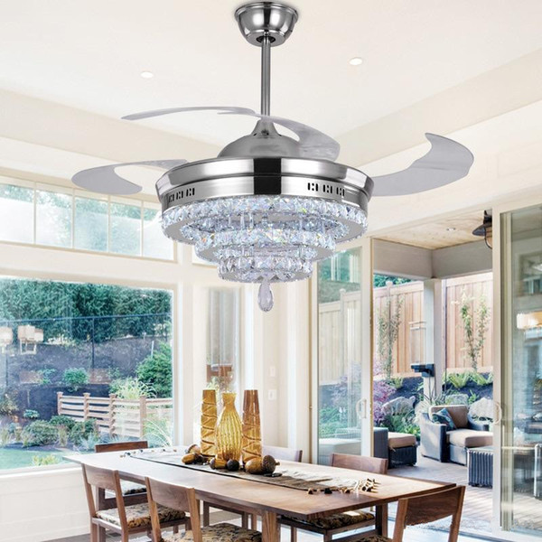 LED Crystal Chandelier Fan Lights Invisible Fan Crystal Lights Living Room Bedroom Restaurant Modern Ceiling Fan 42 Inch with Remote Control