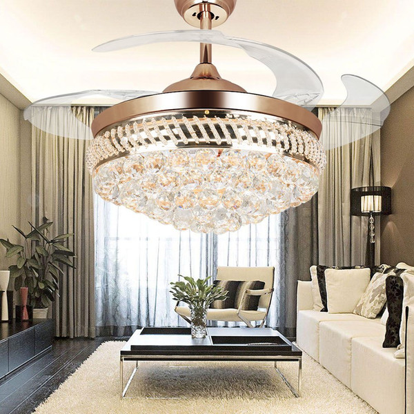 42-inch Modern LED Crystal Ceiling Fans 42inch Remote Control Chandelier Ceiling Fan Light with 4 Invisible Retractable Blades Pendant Lamp