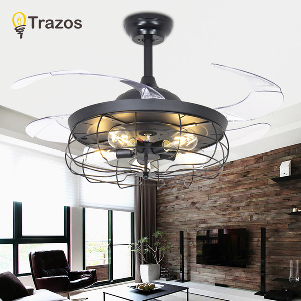 TRAZOS Village Kids Ceiling Fan With Lights Black Folding Ceiling Fans With Remote Control Bedroom Retractable Fan Lamp 220V