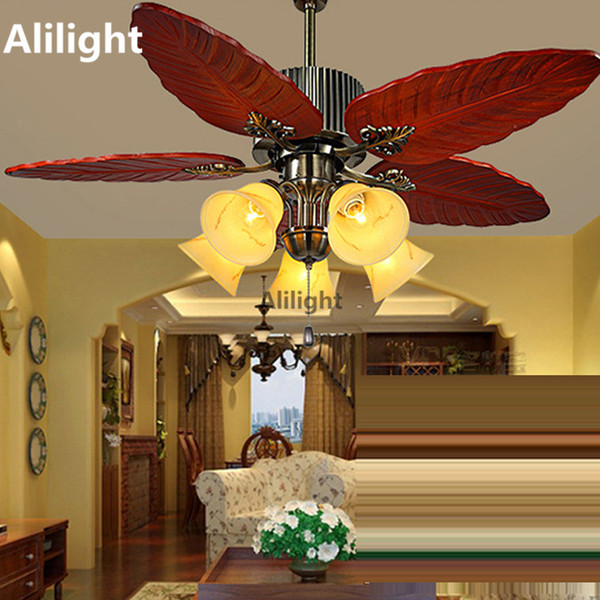 Led E27 Iron Quiet Ceiling Fans with Light Wooden Leaf Fan Lamp for Foyer Bedroom Living Room Home Indoor Lighting Decor Fixture