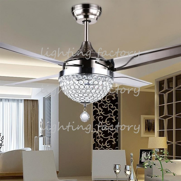 Wholesale-Crystal lamp shade and 18W changeable light color ceiling fan light with remote control and stainless steel blade, Free Shipping