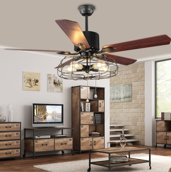 42 Inch Loft industrial fan light ceiling fan light Retro American restaurant home LED live fan chandelier wood leaf remote control