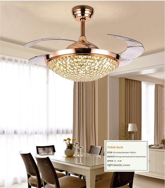 Luxury Modern Crystal Chandelier Ceiling Fan Lamp Folding Ceiling Fans With Retractable 4-Blade Remote Control Lights-42 inch Fans Light