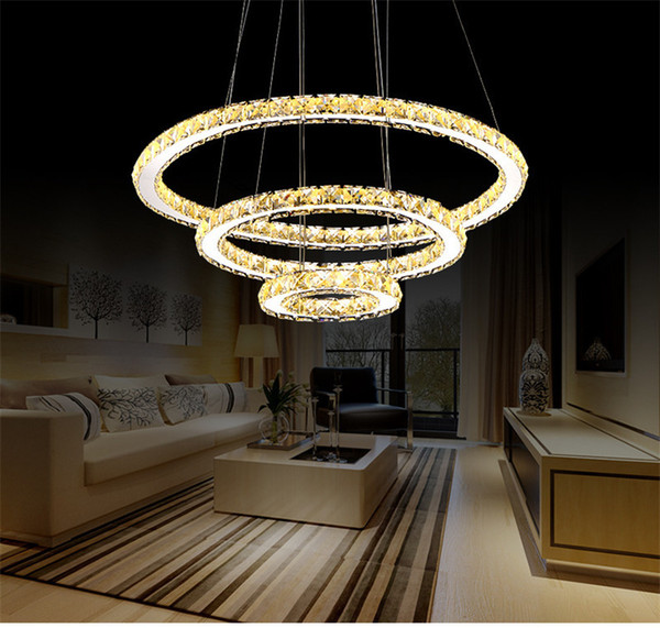 Modern Simple Art Ring LED Crystal Pendant Lamp Luxury Stainless Steel Adjustable Shape Lamp Fixture for Living Room Lobby