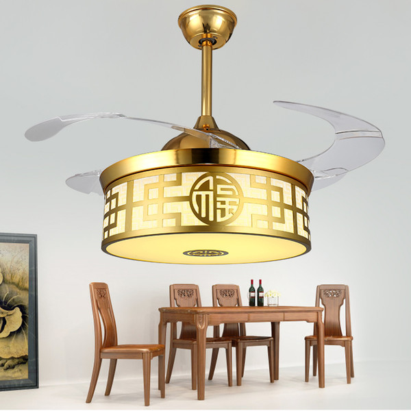 42 inches Invisible Gold Ceiling Fan Lights Bedroom restaurant Light Minimalist Modern Living LED Chandelier Intelligent frequency conversio