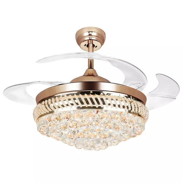 42-inch Modern LED Crystal Ceiling Fans 42inch Remote Control Chandelier Ceiling Fan Light with 4 Invisible Retractable Blades Pendant Lamp