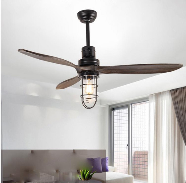 Loft Iron Wood Glass Ceiling Fan E27 Lamp 220V Wooden Ceiling Fans With Lights 52 Inch Blades Cooling Fan Remote Lamp