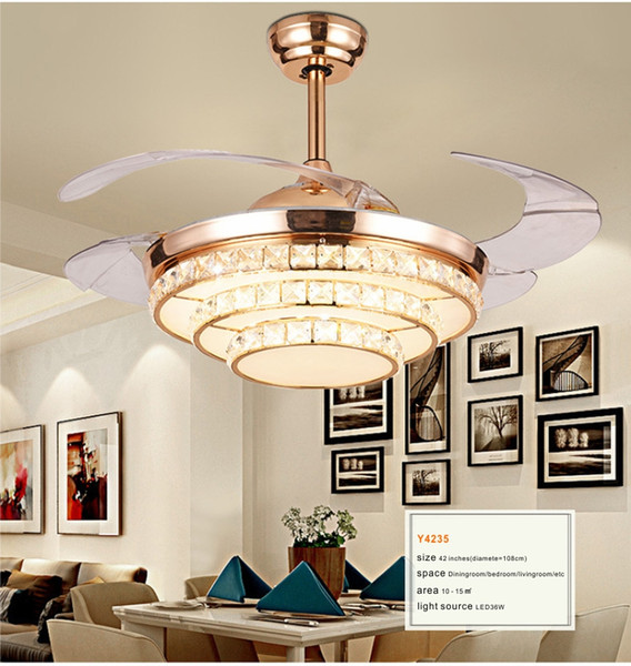 Lighting Groups 42 Inch Gold LED Modern European Crystal Ceiling Fan Lamp Living Room Bedroom Retractable Ceiling Fans With Lights Remote Co