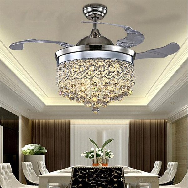 42Inch Invisible Crystal Light Ceiling Fans Modern LED Crystal Lamp Indoor Parlor Ceiling Fans Crystal Pedant Light with Remote Control