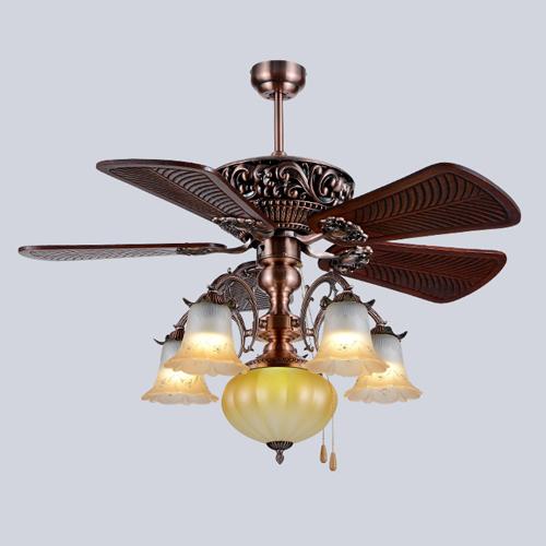 Retro European American style LED ceiling fans lights 52 inches 132 cm 5 carved wooden blades leaves mute energy-saving led ceiling fan