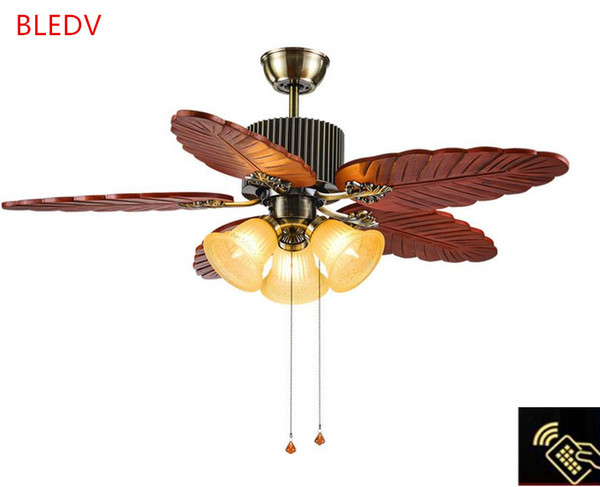 high quality Antique wood ceiling fan lamp European solid wood living room fan lights restaurant ceiling lights retro