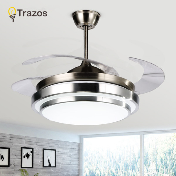 TRAZOS Modern LED 42 inch Invisible Retractable Crystal Ceiling Fans With Lights Bedroom Folding Ceiling Fan Lamp Remote Control