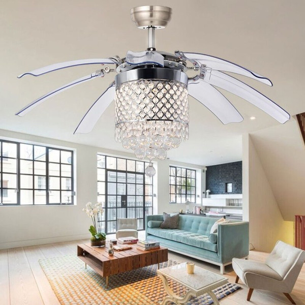 Modern Crystal Ceiling Fan Lamp for Living Room Bedroom Restaurant 42 Inch Remote Chandeliers Ceiling Light with 8 Foldable Invisible Leaves