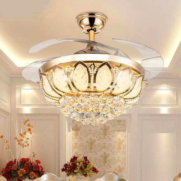 Hot LED Ceiling Invisible Fan Lights Timing Remote Control Warm White Light Pendant Lamp Remote Control Crystal