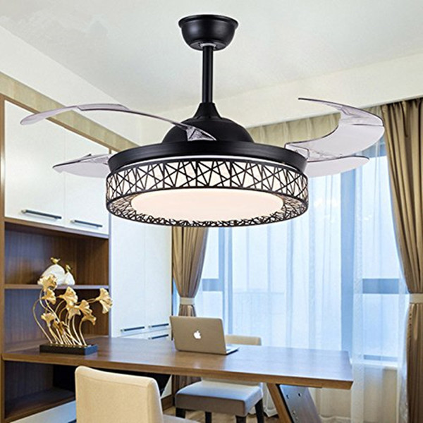 Dimmable 42 Inch Ceiling Fans with LED Lights 4 Retractable Blades Modern Invisible Chandelier Pendant Lighting Fixture Black White Golden