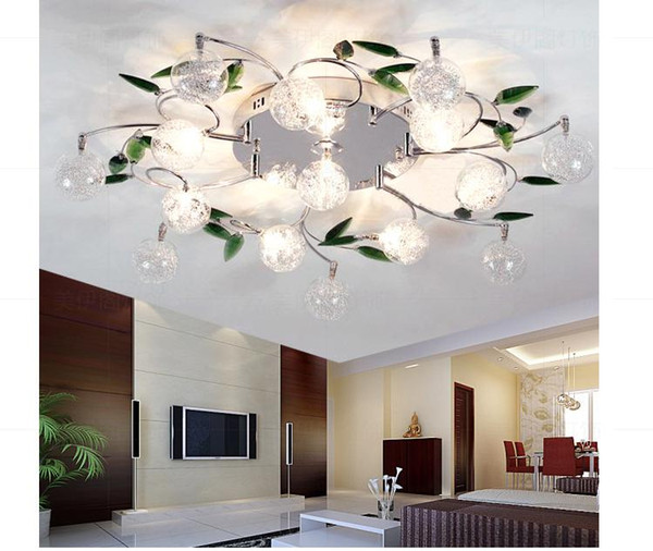 LED Ceiling Light Modern Green Leaves Light Crystal Ball Ceiling Light Aluminium Wire Ceiling Lamp Living Room Chandelier 6/10/15 lights