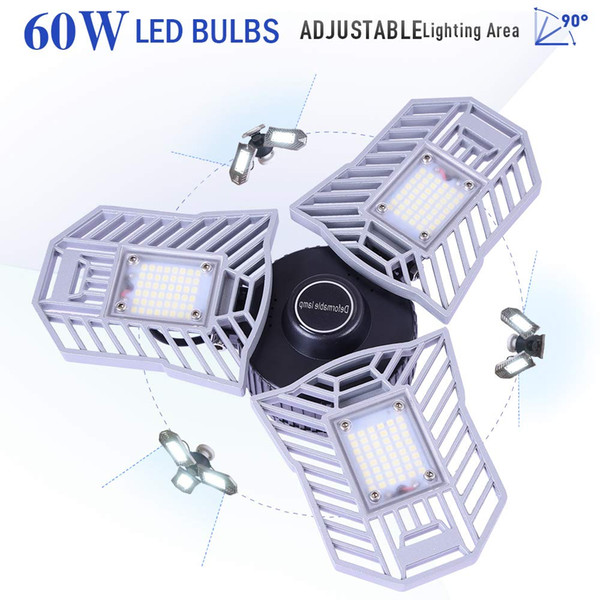 60W LED Garage Trilight, 6000K White Ceiling Light, 6500Lm LED Garage Lights Tripods, CRI 80, 3 Adjustable Panels,Led Shop Light