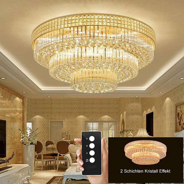 Living Room LED 3 Brightness K9 Crystal and S-Golden Mirror Stainless Steel Chandelier Ceiling Lamps Hanging Light With LED Bulb and Remote