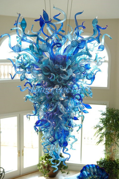 Hot Sale Hand Blown Glass Chandelier AC 110V-240V LED Bulbs Hanging Delicate Blue Color Trending Big Chihuly Style Chandelier Lighting