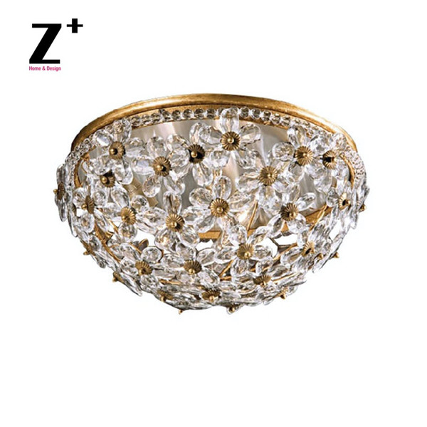 Italian Mid-Century Style Crystal Floral Ceiling Flush Mount Fixtures Golden Brass Color Ceiling Lamp