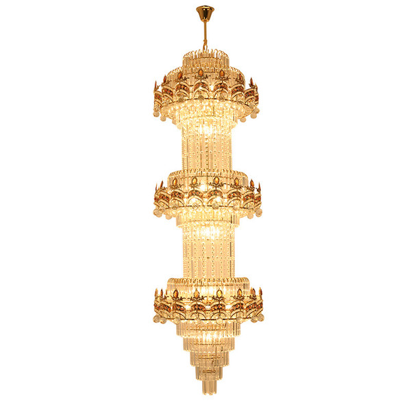 Luxury Big Europe Large Gold Luster Crystal design Long modern Crystal Chandelier LED light 3 layers Hotel Lobby Chandeliers