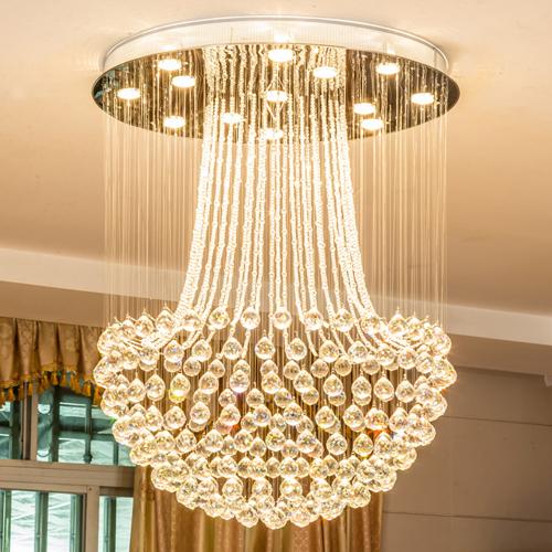 New design LED crystal ceiling chandeliers crystal rain drop modern round chandelier lighting pendent lamps for duplex stairs villa hotel