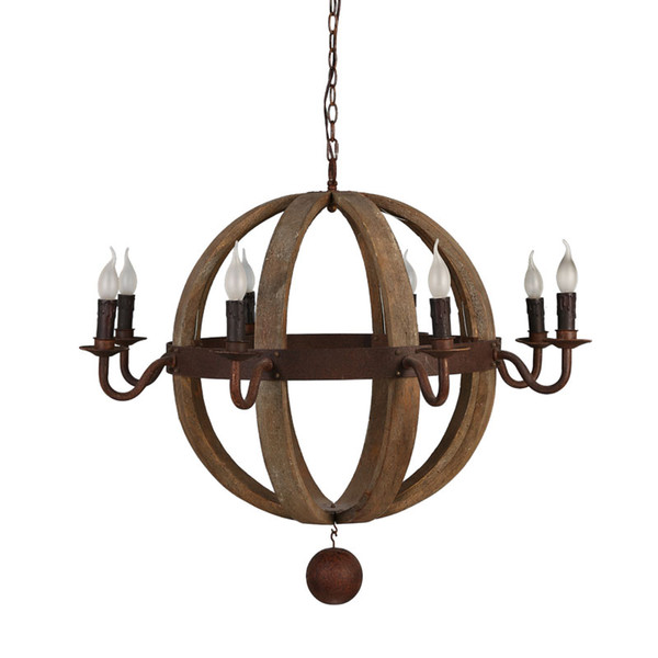 American antique spherical wood chandelier rural retro nostalgic e14 Circle living room bedroom cafe decoration lighing G184