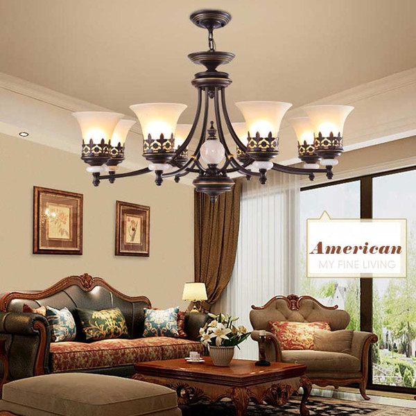 American Vintage Chandeliers For Living Room Decoration Home Lighting E27 Led Lamp Black Wrought Iron White Glass Lampshade