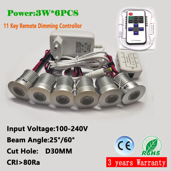4set 3w*6pcs cabinet down light led mini downlight 30mm cutout with AC100-240V input CE driver remote control dimming LED spotlighti