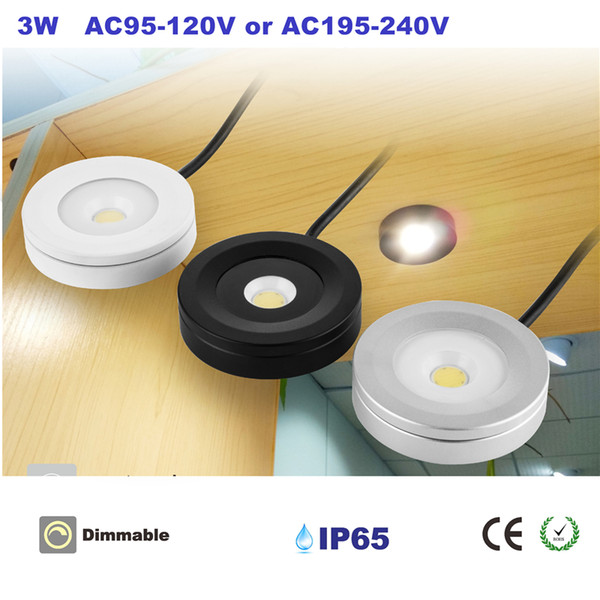 3W Round Home Kitchen LED Under Cabinet Counter Lighting Energy Saving 110V/220V Input Dimmable Lamp 12pcs /lot