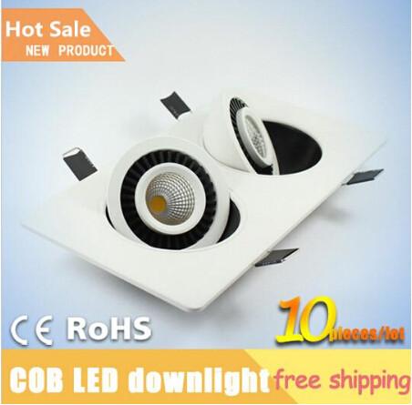 Free Shipping 10W*2/20W double heads COB square rotatable gimbal led downlight recessed ceiling lamp panel light AC85-265V