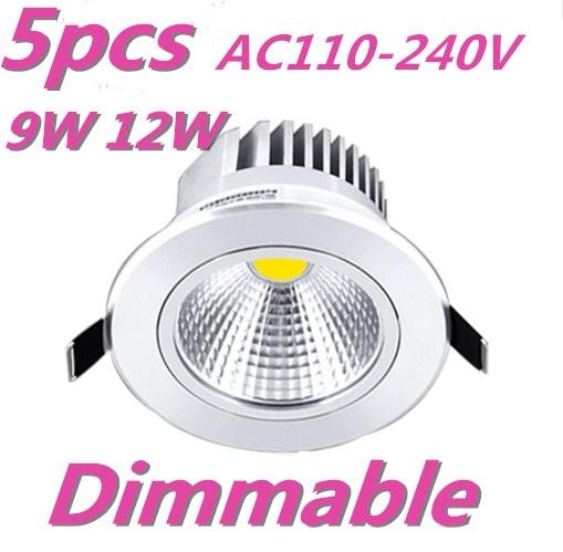 5pcs/lot LED COB Ceiling light 9w 12w Dimmable COB Chip Spot Light Lampm Recessed Home lighting AC110-240V Free shipping