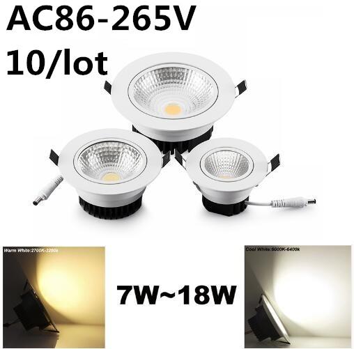 10pcs Super Bright led COB Ceiling light 7W 9W 12W 15W 18W Round Dimmable Recessed Warm/cold white LED down lights AC85~265V+Driver AE