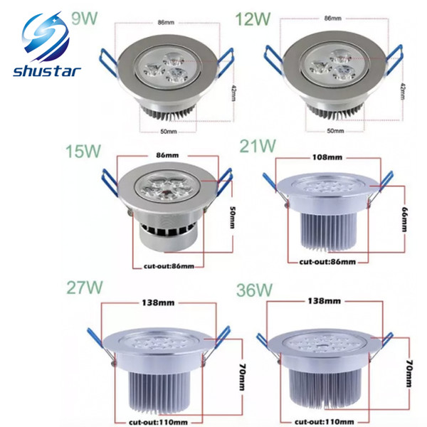 Super Bright 36W 27W 21W 15W 12W 9W CREE Led Ceiling Lights Resessed Lamp AC 85-265V Dimmable Led Down Lights Warm/Pure/Cold White + Drivers