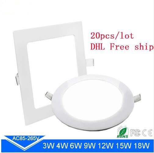 20pcs/lot Ultra Thin 3W 4W 6W 9W 12W 15W 18W Led Ceiling Recessed Downlight Round/Square LED Panel Light Lamps DHL Free Shipping