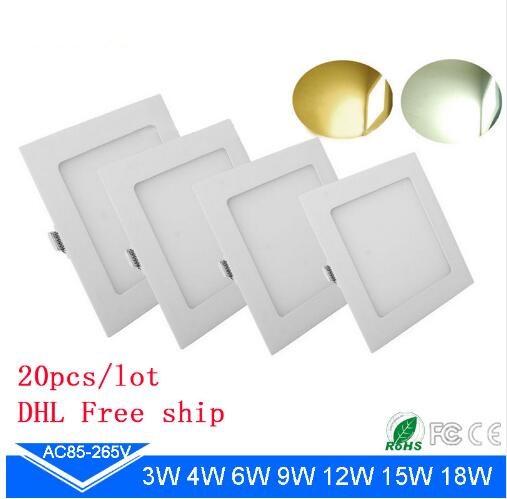 20pcs LED panel lamp 3W 4W 6W 9W 12W 15W 18W SMD2835 LED recessed ceiling white square panel for indoor luminaria DHL free ship