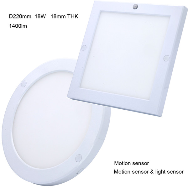 18W Motion Sensor & Light Sensor Ceiling LED Slim Round Panel, Surface Mounted Very Thin 220x220mm Square Panel Light