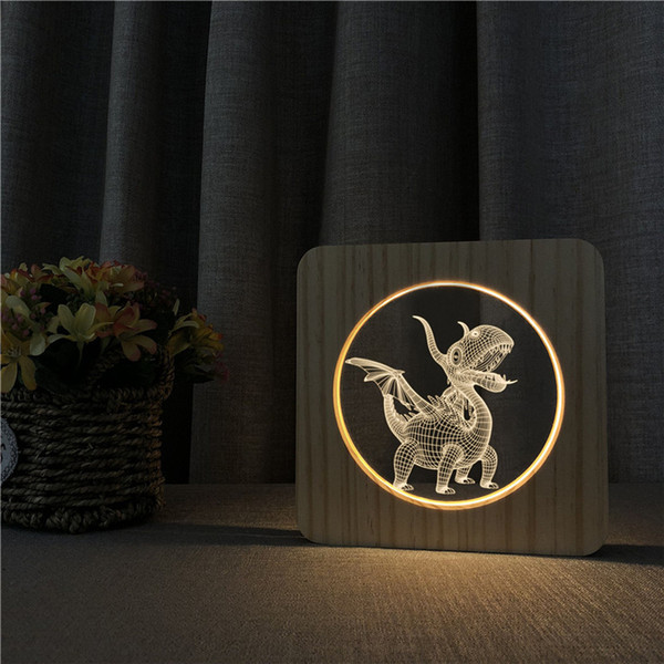 Sharelife Creative Wood + Acrylic Little Dragon Warm White LED USB Night Light Table Lamp Home Children's Birthday Gift 3287