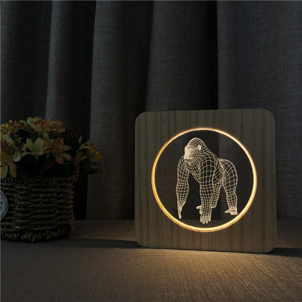 Sharelife Creative Wood + Acrylic Orangutan Pattern Warm White LED USB Night Light Table Lamp Home Children's Birthday Gift 3265