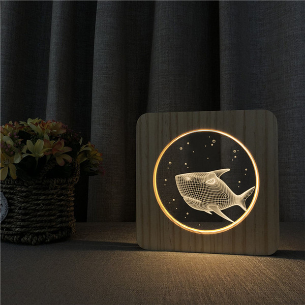 Sharelife Creative Wood + Acrylic Shark Warm White LED USB Night Light Table Lamp Home Children's Birthday Gift 4674