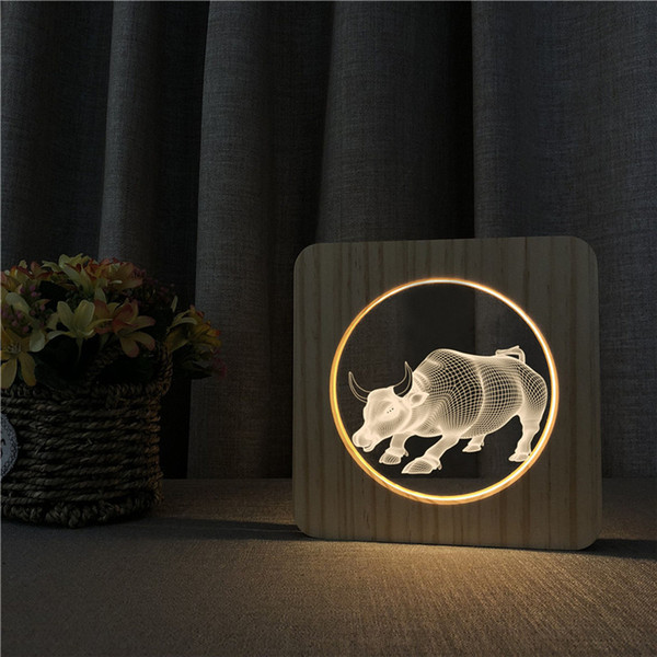 Sharelife Creative Wood + Acrylic Cattle Warm White LED USB Night Light Desk Table Lamp Home Room Children's Birthday Gift 3417