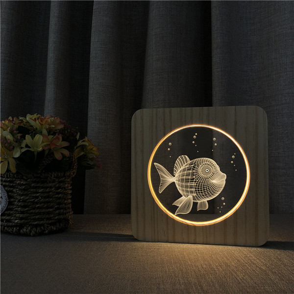 Sharelife Creative Wood + Acrylic Fish Warm White LED USB Night Light Desk Table Lamp Home Room Children's Birthday Gift 3573