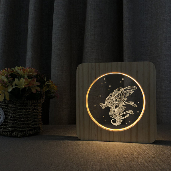 Sharelife Creative Wood + Acrylic Seahorse Pattern Warm White LED USB Night Light Table Lamp Home Children's Birthday Gift 2999