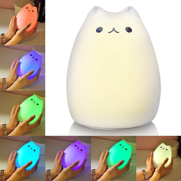 LED Night Light USB Rechargeable Silicone Cute Cat Carton Nursery Lights with Warm White and 7-Color Breathing Modes for Kids Baby Children