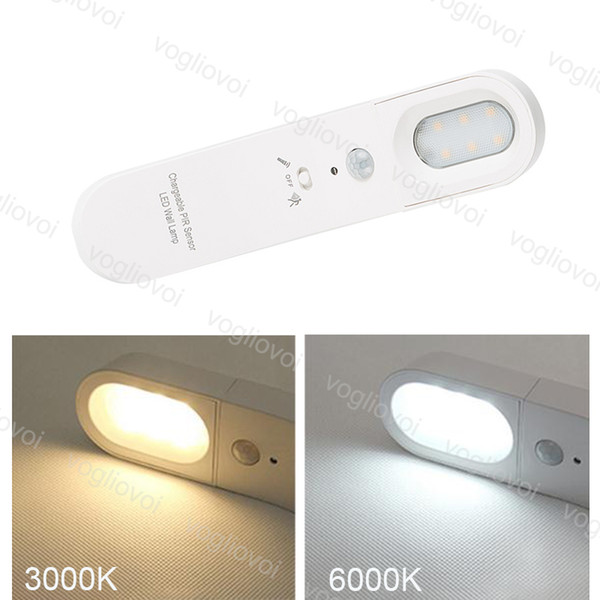 LED Cabinet Lights Motion Sensor 6LED PIR USB Rechargeable Wireless Lamp Body Sensing Light Bar Magnetic Strip Wall Light Warm White DHL